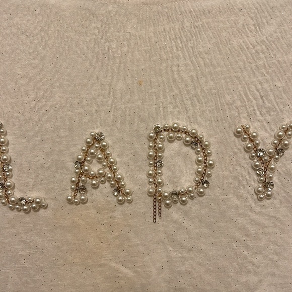 ANSHUNZI White Sparkly T-Shirt with “LADY” Sewed in with Pearls, Diamonds etc. - Picture 2 of 6
